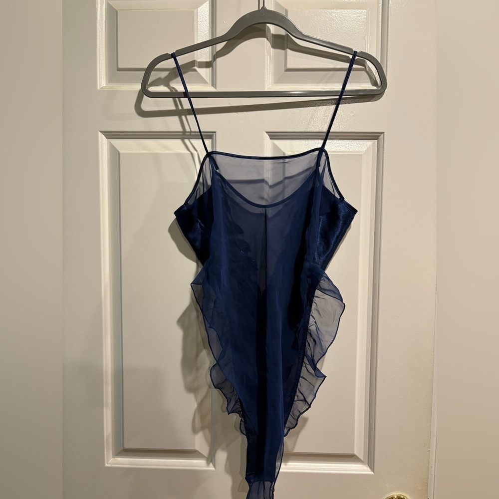 Victoria’s Secret vintage gold label beaded satin ruffled bodysuit M navy blue - Picture 3 of 5